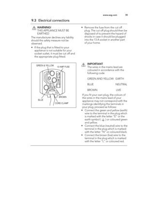 Page 3030
ww w.a e g .c o m
IM PO RTA N T
The w ir e s in  t h e m ain s le ad  a re
c o lo ure d  in  a cco rd an ce  w it h  t h e
fo llo w in g  c o d e:
G REEN  A N D Y E LLO W    E A RTH
B LU E                                  N EU TR A L
BRO W N                             L IV E
If  y o u ﬁ t y o ur o w n p lu g , t h e c o lo urs  o f
th e w ir e s in  t h e m ain s le ad  o f y o ur
ap plia n ce  m ay n o t c o rre sp ond  w it h  t h e
m ark in g s id entif y in g  t h e t e rm in als  in
y o ur p lu...