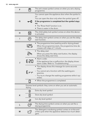 Page 10FThe anti-crease symbol comes on when you set a drying
programme.
G
You cannot open the appliance door when the symbol is
on.
You can open the door only when the symbol goes off.
If the programme is completed but the symbol stays
on:
• The 'Rinse Hold' function is on.
• There is water in the drum.
HThe child safety lock symbol comes on when this device
is activated.
IThe delay start symbol comes on when you set the delay
start function.
J
• The programme time (washing and/or drying phase)
When...