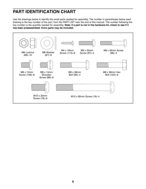 Page 66
M10 x 80mm Screw (19)–4M10 x 20mm 
Screw (76)–6
M8 Locknut  (68)–10M8 Washer  (87)–6
M8 x 38mm Bolt (95)–4M8 x 12mm 
Screw (106)–6M8 x 14mm Shoulder
Screw (86)–6M8 x 38mm Hex  Bolt (102)–6
M4 x 16mm 
Screw (115)–6M6 x 35mm Screw  (98)–4M6 x 20mm 
Screw (97)–4
PART IDENTIFICATION CHART
Use the drawings below to identify the small parts needed for assembly. The number in parentheses below each 
drawing is the key number of the part, from the PART LIST near the end of this manual. The number following the...