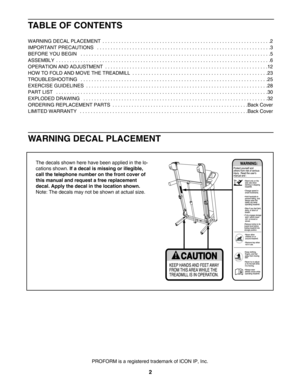Page 2TABLE OF CONTENTS
WARNING DECAL PLACEMENT  . . . . . . . . . . . . . . . . . . . . . . . . . . . . . . . . . . . . . . . . . . . . . . . . . . . . . . . . . . . . . .2
IMPORTANT PRECAUTIONS  . . . . . . . . . . . . . . . . . . . . . . . . . . . . . . . . . . . . . . . . . . . . . . . . . . . . . . . . . . . . . . . .3
BEFORE YOU BEGIN  . . . . . . . . . . . . . . . . . . . . . . . . . . . . . . . . . . . . . . . . . . . . . . . . . . . . . . . . . . . . . . . . . . . . . .5
ASSEMBLY  . . . . . . . . . ....