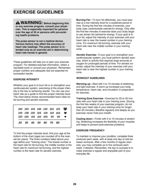 Page 2828
These guidelines will help you to plan your exercise
program. For detailed exercise information, obtain a
reputable book or consult your physician. Remember,
proper nutrition and adequate rest are essential for
successful results. 
EXERCISE INTENSITY
Whether your goal is to burn fat or to strengthen your
cardiovascular system, exercising at the proper inten
sity is the key to achieving results. You can use your
heart rate as a guide to find the proper intensity level.
The chart below shows recommended...