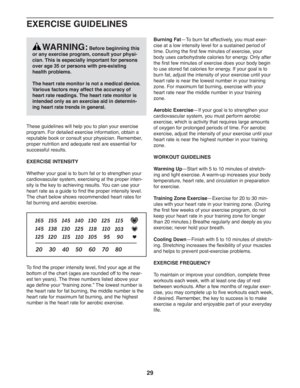 Page 2929
EXERCISE GUIDELINES
These guidelines will help you to plan your exercise 
program. For detailed exercise information, obtain a 
reputable book or consult your physician. Remember, 
proper nutrition and adequate rest are essential for 
successful results.
EXERCISE INTENSITY
Whether your goal is to burn fat or to strengthen your 
cardiovascular system, exercising at the proper inten-
sity is the key to achieving results. You can use your 
heart rate as a guide to find the proper intensity level. 
The...