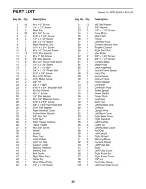 Page 3030
 Key  No.  Qty.  Description  Key  No.  Qty.  Description
PART LIST   
Model No. PFTL50915.0 R1115A
  1  22  #8 x 1/2 Screw
  2  4  1/4 x 1/2 Screw
 3  2  Base Pad
  4  33  #8 x 3/4 Screw
  5  2  5/16 x 1 1/4 Screw
  6  2  1/4 x 4 1/2 Screw
  7  4  3/8 x 2 1/4 Screw
  8  1  Right Handrail Grip
  9  2  5/16 x 1 3/4 Screw
  10  9  #8 x 1/2 Ground Screw
  11  12  5/16 Star Washer
  12  4  #8 x 1 Tek Screw
  13  8  3/8 Star Washer
  14  6  #8 x 3/4 Truss Head Screw
  15  3  1/4 x 2 1/2 Screw
  16  1  3/8...