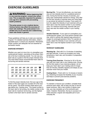 Page 25These guid eline swill hel p you toplan your exercise
program. Fordet ailed exerci seinfor mation, obtaina
reputable book orcon sult your physi cian. Remembe r,
propernutrition andade quate rest are essentia lfo r
su ccessful results.
EXERCIS EINTENSITY
Wh ether yourgo alisto bu rn fat ortostrengthe nyou r
cardiovascu larsystem ,exer cisingatthepro per inten -
sityis thekey to achie vingresul ts. Youcan useyour
hea rtrat eas aguide tofind the proper intensity level.
Thecha rtbelo wsh ows recom mended...