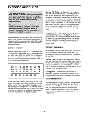 Page 2525
These guid eline swill helpyouto plan your exercise
pro gram. Fordet ailed exercise information\b obta in a
reputable book orcon sultyour physi cian.R em embe r\b
proper nutrition andadequ aterest are essen tial for
successful results.
EXERCIS EINTE NSITY
Whether yourgo alisto burn fatortostre ngthen your
cardiovascu larsyste m\bexer cisingatthe proper inten-
sityis the key to ach ieving resul ts. Youcan useyour
hea rtrat eas aguide tofindthe prop erintensity level.
Thecha rtbelo wsh ows recom mended...