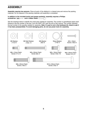 Page 55
ASSEMBLY
Assembly require stwo persons. Placeallpa rts of th e elliptical inaclea re d area andremove thepacking
ma terials. Donotdisp ose ofthe packing mate rials unti la ssembly iscompleted.
In addi tion tothe included tool( s)and greas epack et(s),assem blyrequires aPhillips
screwdrive r andarubber mallet .
See the drawing sbelow toide ntify thesmal lp art snee dedforassembly. Thenumber inpa rentheses bel ow each
drawing isthe key number ofthe part\b fromthePART LISTnear theend of th is manual....