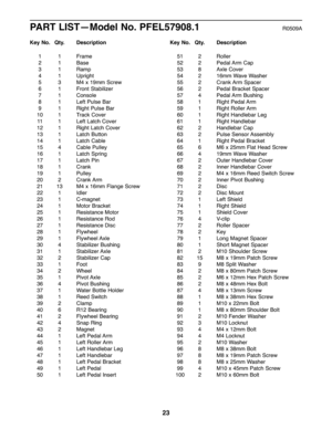 Page 232\f
11Frame
21 Base
31 Ramp
41 Uprigh t
53 M4x19m mScr ew
61 FrontStabi lizer
71 Conso le
81 LeftPu lse Bar
91 RightPulse Bar
10 1 TrackCove r
11 1LeftLatch Cover
1\f 1 RightLatch Cover
13 1 Latch Button
14 1 Latch Cable
15 4 Cable Pulley
16 1 Latch Spring
17 1 Latch Pin
18 1 Crank
19 1 Pulley
\f0 \f CrankArm
\f1 13 M4x16m mFlange Screw
\f\f 1 Idler
\f 3 1 C-magnet
\f4 1 Motor Bra cket
\f5 1 Resista nceMotor
\f6 1 Resista nceRod
\f7 1 Resista nceDisc
\f8 1 Flywheel
\f9 1 FlywheelAxl e
30 4 Sta bilizer...