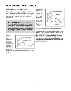 Page 1919
HOW TO USE THE ELLIPTICAL
 HOW TO PLUG IN THE POWER CORD
This product must be grounded. If it should malfunc-
tion or break down, grounding provides a path of least 
resistance for electric current to reduce the risk of 
electric shock. The power cord has a plug with a 
grounding pin.
Plug the 
power cord 
into an 
appropriate 
outlet that 
is properly 
installed and 
grounded in 
accordance 
with all local 
codes and 
ordinances. The outlet must be on a nominal 120-volt 
circuit. 
A temporary...