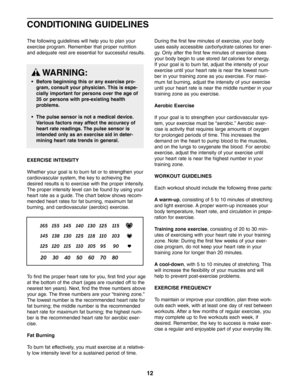 Page 1212
CONDITIONING GUIDELINES
The following guidelines will help you to plan your
exercise program. Remember that proper nutrition
and adequate rest are essential for successful results. 
EXERCISE INTENSITY
Whether your goal is to burn fat or to strengthen your
cardiovascular system, the key to achieving the
desired results is to exercise with the proper intensity.The proper intensity level can be found by using your
heart rate as a guide. The chart below shows recom
mended heart rates for fat burning,...