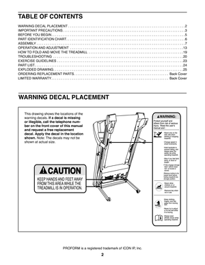 Page 22
PROFORM is a registered trademark of ICON IP, Inc.
WARNING DECAL PLACEMENT
This drawing shows the locations of the 
warning decals. If a decal is missing 
or illegible, call the telephone num-
ber on the front cover of this manual 
and request a free replacement 
decal. Apply the decal in the location 
shown. Note: The decals may not be 
shown at actual size.
256836
TABLE OF CONTENTS
WARNING DECAL PLACEMENT. . . . . . . . . . . . . . . . . . . . . . . . . . . . . . . . . . . . \. . . . . . . . . . . ....