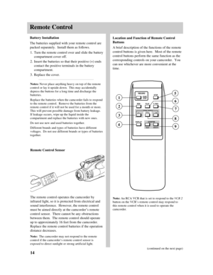 Page 16Remote Control
Battery Installation
The batteries supplied with your remote control are
packed separately.  Install them as follows.
1.Turn the remote control over and slide the battery
compartment cover off. 
2.Insert the batteries so that their positive (+) ends
contact the positive terminals in the battery
compartment. 
3.Replace the cover.
Notes:Never place anything heavy on top of the remote
control or lay it upside-down.  This may accidentally
depress the buttons for a long time and discharge the...