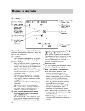 Page 2624
Displays in Viewfinder
camcorder’s preset program modes (      ,      ,    
,  ,    , or    ).  The indicator for the
mode selected will appear in the viewfinder.
This indicator will not be recorded on the tape
when it appears in the viewfinder.  No
indicator appears when the auto mode is
selected.  Details are on page 27.
Battery Warning
The battery warning indicator appears when it
is time to recharge the battery pack.
Dew, TAPEand TAPE END Indicators
•The dew indicator appears when
excessive...