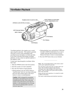 Page 33Viewfinder Playback
Viewfinder playback is the simplest way to watch
tapes using the camcorder.  This method is generally
used only to review scenes immediately after
recording because the display is in black and white.
If you want to privately listen during viewfinder
playback, you may connect an optional earphone to
the earphone     jack.
To play back a tape through the viewfinder, follow
these steps:
1.Slide the POWER switch to the PLAYposition.
2.Insert the cassette you want to playback.
3.Press the...