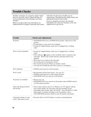Page 38Trouble Checks
36
Troubles sometimes are caused by simple “faults”
that you can easily correct without the help of a
service technician by first checking a few basic
remedies.
Before you call or take your camcorder to an
Authorized RCA Compact Camcorder Servicenter,
No power
Won’t record or playback
Won’t playback
Won’t record
No picture in viewfinder
Tape stops during rewind or
fast forward
Camcorder remains in “stop
action” (play-pause) mode•ON/POWER SAVElever in POWER SAVEposition.  Place lever in ON...