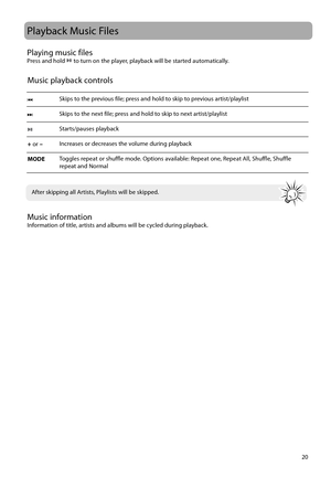 Page 2120
Playback Music Files
Music playback controls
Skips to the previous file; press and hold to skip to previous artist/playlist
Skips to the next file; press and hold to skip to next artist/playlist
Starts/pauses playback
Increases or decreases the volume during playback
Toggles repeat or shuffle mode. Options available: Repeat one, Repeat All, Shuffle, Shuffle 
repeat and Normal  
 
+ or –
MODE
Playing music filesPress and hold  to turn on the player, playback will be started automatically.
Music...