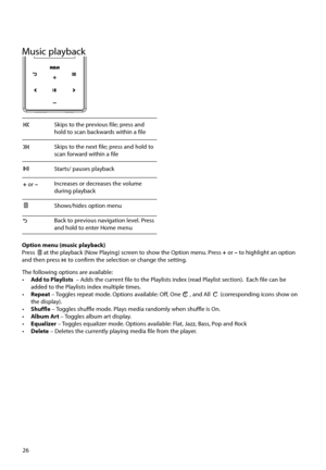 Page 2726
The following options are available:
• Add to Playlists   – Adds the current file to the Playlists index (read Playlist section).  Each file can be 
added to the Playlists index multiple times.
•  Repeat – Toggles repeat mode. Options available: Off, One 
1 , and All  (corresponding icons show on 
the display).
•   Shuffle – Toggles shuffle mode. Plays media randomly when shuffle is On.
•  Album Art – Toggles album art display.
•   Equalizer  – Toggles equalizer mode. Options available: Flat, Jazz,...