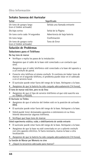 Page 94 
Otra Información
Señales Sonoras del Auricular
Señal																																															Significado
Un tono de gorgeo largo    Señala una llamada entrante 
(con el timbre activado) 
Dis bips cortos                  

   Señal de la Página
Un tono corto cada 14 segundos           Advertencia de baja bateria
Un tono largo            Confirmación
Un tono de gorgeo corto          Tono de Error  
(con el timbre activado) 
Solución de Problemas
Soluciones para el Teléfono
No hay tono de...
