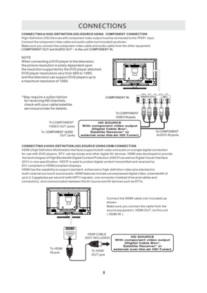 Page 11CO N N E C T I O N S
CO N N E C T I N G A H I G H - D E F I N I T I O N ( H D ) S O U RC E U S I N GCO N N E C T I O N
N OT E C O M P O N E N T
H i g h -D e f i n i t i o n  ( H D ) D e v i c e s w i t h c o m p o n e n t v i d e o o u t p u t m u s t b e c o n n e c t e d to t h e Y i n p u t.
C o n n e c t  t h e c o m p o n e n t v i d e o c a b l e a n d a u d i o c a b l e ( n o t i n c l u d e d ) a s s h o w n .
M a ke su re yo u c o n n e c t t he c o m p o n e n t v i de o c a b l e a n d a u d...