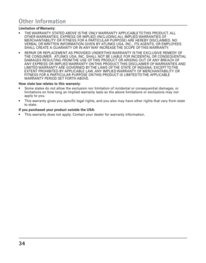 Page 3434
Other Information
Limitation of Warranty:
•THE WARRANTY STATED ABOVE IS THE ONLY WARRANTY APPLICABLE TO THIS PRODUCT. ALL
OTHER WARRANTIES, EXPRESS OR IMPLIED (INCLUDING ALL IMPLIED WARRANTIES OF
MERCHANTABILITY OR FITNESS FOR A PARTICULAR PURPOSE) ARE HEREBY DISCLAIMED. NO
VERBAL OR WRITTEN INFORMATION GIVEN BY ATLINKS USA, INC., ITS AGENTS, OR EMPLOYEES
SHALL CREATE A GUARANTY OR IN ANY WAY INCREASE THE SCOPE OF THIS WARRANTY.
•REPAIR OR REPLACEMENT AS PROVIDED UNDER THIS WARRANTY IS THE EXCLUSIVE...