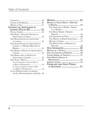 Page 424
CONFERENCIA................................................... 20
F
UNCIÓN DE NO MOLESTAR.............................. 20
MENSAJE DE VOZ.............................................. 21
FUNCIONES DEL IDENTIFICADOR DE
LLAMADAS (CALLER ID) ................ 22PANTALLA SUMARIO.......................................... 22
P
ARA RECIBIR Y ALMACENAR ARCHIVOS DEL
IDENTIFICADOR DE LLAMADAS....................... 22
PARA REVISAR ARCHIVOS DEL IDENTIFICADOR
DE...