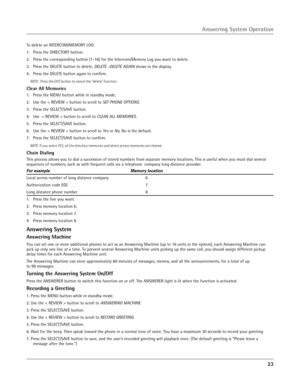 Page 23
23

To delete an INTERCOM/MEMORY LOG:
1.   Press the DIRECTORY button.
2.   Press the corresponding button (1-16) for the Intercom/Memory Log you want to delete.
3.   Press the DELETE button to delete, 
DELETE -DELETE AGAIN shows in the display.
4.   Press the DELETE button again to conﬁrm.
NOTE:  Press the EXIT button to cancel the “delete” function.
Clear All Memories
1.  Press the MENU button while in standby mode.
2.  Use the < REVIEW > button to scroll to 
SET PHONE OPTIONS.
3.  Press the...