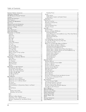 Page 4
4 

Table of Contents
EQUIPMENT APPROVAL INFORMATION ..............................................................2
INTERFERENCE INFORMATION ..........................................................................2
FCC RF RADIATION EXPOSURE STATEMENT .....................................................3LICENSING .................................................................................................3
HEARING AID COMPATIBILITY...