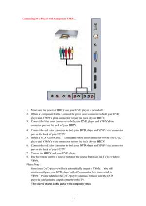 Page 12 
Connecting DVD Player with Component YPbPr… 
 
 
 
1. Make sure the power of HDTV and your DVD player is turned off. 
2. Obtain a Component Cable. Connect the green color connector to both your DVD 
player and YPbPr’s green connector port on the back of your HDTV. 
3. Connect the blue color connector to both your DVD player and YPbPr’s blue 
connector port on the back of your HDTV. 
 
4. Connect the red color connector to both your DVD player and YPbPr’s red connector 
port on the back of your HDTV....