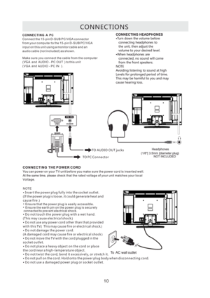 Page 13CO N N E C T I O N S
CO N N E C T I N G  AAU D I O - P C O U T
VG A AU D I O - PC I N P C
VG A
C o n n e c t
 t h e 1 5 - p i n D - S U B P C / V G A c o n n e c t o r
f ro m  y o u r c o m p u t e r to t h e 1 5 - p i n D - S U B P C / V G A
i n p u t  o n t h i s u n i t u s i n g a m o n i t o r c a b l e a n d a n
a u d i o  c a b l e ( n o t i n c l u d e d ) a s s h o w n .
M a ke su re yo u c o n n e c t th e c a b l e f ro m t h e c o m pu te r
( a n d ) to t h i s u n i t
( a n d ) .
TO P C C o...