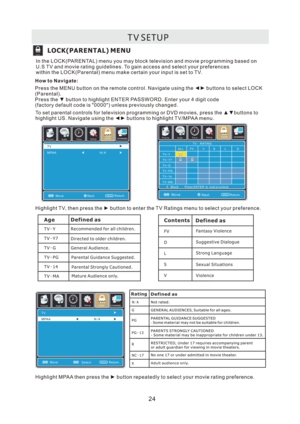 Page 27T V
 SE T U P L o ck L O C K ( P A R E N T A L ) M E N U
S et u p12
6Ti m
eP i ct u r eAudio T V
M PA A
M o v e M E N UN A
S e le c t S et u p
12
6Ti m
eP i ct u r eAudio T V
M PA A
M o v e M E N UN A
N e x t S et u p
12
6Ti m
eP ic t u r eAudio MENUB lo c k
        P r e s s E N T E R t o  l o c k o r u n l o c k
T V R ATI N G
T V Y
T V Y 7
T V G
T V P G
T V 1 4
T V M A A L L F V V S L D
N e x t
                      
M o v e N
/A
I n t h e L O C K ( PA R E N TA L ) m e n u y o u m a y b l o c k t e l e...
