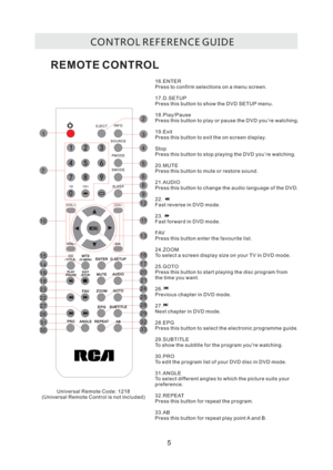 Page 8CO N T RO L R E F E R E N C E G U I D E
REMOTE CONTROL
1 6 . E N T E R
P r e s s t o c o n f i r m s e l e c t i o n s o n a m e n u s c r e e n .
1 7 . D . S E T U P
P r e s s t h i s b u t t o n t o s h o w t h e D V D S E T U P m e n u .
1 8 . P l a y / P a u s e
P r e s s t h i s b u t t o n t o p l a y o r p a u s e t h e D V D y o u   r e w a t c h i n g .
1 9 . E x i t
P r e s s t h i s b u t t o n t o e x i t t h e o n s c r e e n d i s p l a y.
S t o p
P r e s s t h i s b u t t o n t o s t o p...