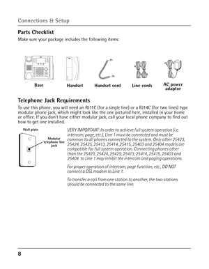 Page 8 
Parts Checklist
Make sure your package includes the following items:
Telephone Jack Requirements
To use this phone, you will need an RJ11C (for a single line) or a RJ14C (for two lines) type 
modular phone jack, which might look like the one pictured here, installed in your home 
or office. If you don’t have either modular jack, call your local p\
hone company to find out 
how to get one installed.VERY IMPORTANT: In order to achieve full system operation (i.e. 
intercom, page, etc.), Line 1 must...