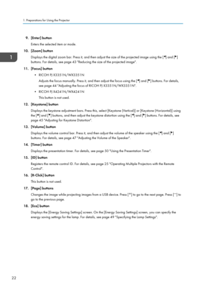 Page 249. [Enter] buttonEnters the selected item or mode.
10. [Zoom] button Displays the digital zoom bar. Press it, and then adjust the size of the projected image using the [
] and []
buttons. For details, see page 43 "Reducing the size of the projected image".
11. [Focus] button • RICOH PJ X3351N/WX3351NAdjusts the focus manually. Press it, and then adjust the focus using the [
] and [] buttons. For details,
see page 44 "Adjusting the focus of RICOH PJ X3351N/WX3351N".
• RICOH PJ...