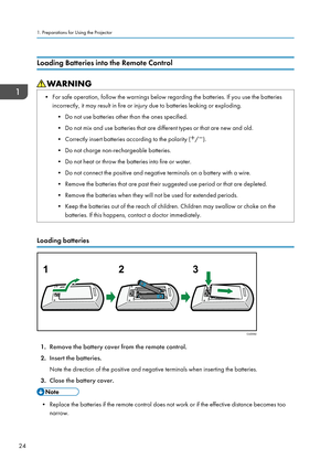 Page 26Loading Batteries into the Remote Control• For safe operation, follow the warnings below regarding the batteries. If you use the batteriesincorrectly, it may result in fire or injury due to batteries leaking or exploding.
• Do not use batteries other than the ones specified.
• Do not mix and use batteries that are different types or that are new and old.
• Correctly insert batteries according to the polarity (
/).
• Do not charge non-rechargeable batteries.
• Do not heat or throw the batteries into fire...