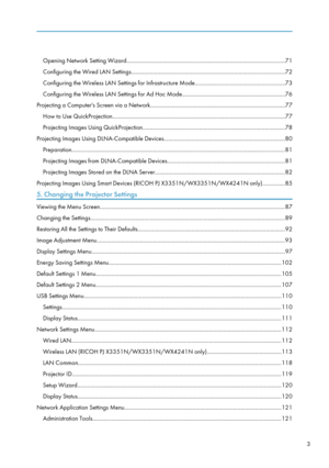 Page 5Opening Network Setting Wizard............................................................................................................. 71
Configuring the Wired LAN Settings .......................................................................................................... 72
Configuring the Wireless LAN Settings for Infrastructure Mode ..............................................................73
Configuring the Wireless LAN Settings for Ad Hoc Mode...