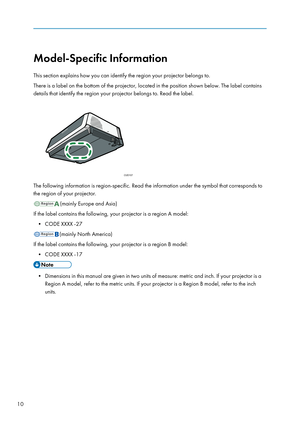 Page 12Model-Specific Information
This section explains how you can identify the region your projector belongs to.
There is a label on the bottom of the projector, located in the position shown below. The label contains
details that identify the region your projector belongs to. Read the label.
The following information is region-specific. Read the information under the symbol that corresponds to
the region of your projector.
(mainly Europe and Asia)
If the label contains the following, your projector is a...