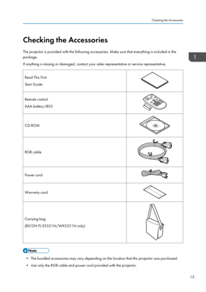 Page 17Checking the Accessories
The projector is provided with the following accessories. Make sure that everything is included in the
package.
If anything is missing or damaged, contact your sales representative or service representative.Read This First
Start GuideRemote control
AAA battery LR03
CD-ROMRGB cable
Power cordWarranty card
Carrying bag
(RICOH PJ X3351N/WX3351N only)
• The bundled accessories may vary depending on the location that this projector was purchased. • Use only the RGB cable and power...