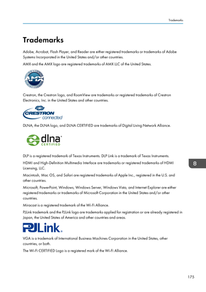 Page 177Trademarks
Adobe, Acrobat, Flash Player, and Reader are either registered trademarks or trademarks of Adobe
Systems Incorporated in the United States and/or other countries.
AMX and the AMX logo are registered trademarks of AMX LLC of the United States.
Crestron, the Crestron logo, and RoomView are trademarks or registered trademarks of Crestron
Electronics, Inc. in the United States and other countries.
DLNA, the DLNA logo, and DLNA CERTIFIED are trademarks of Digital Living Network Alliance.
DLP is a...