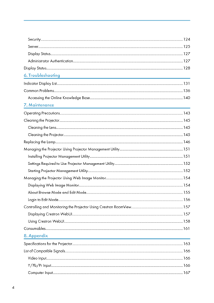 Page 6Security....................................................................................................................................................... 124
Server ......................................................................................................................................................... 125
Display Status ............................................................................................................................................ 127
Administrator...