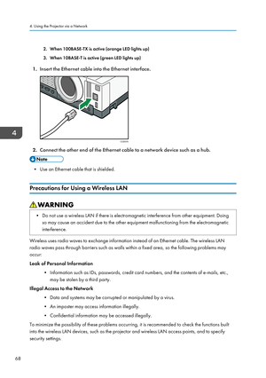 Page 702. When 100BASE-TX is active (orange LED lights up)
3. When 10BASE-T is active (green LED lights up)
1. Insert the Ethernet cable into the Ethernet interface.
2.Connect the other end of the Ethernet cable to a network device such as a hub.
• Use an Ethernet cable that is shielded.
Precautions for Using a Wireless LAN
• Do not use a wireless LAN if there is electromagnetic interference from other equipment. Doing so may cause an accident due to the other equipment malfunctioning from the electromagnetic...