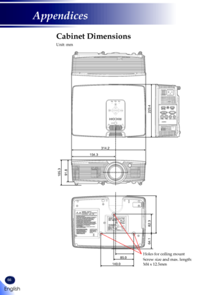 Page 6866
Cabinet Dimensions
Unit: mm
EnterMenuAV
Mute
314.2
154.3
91.8
105.3
223.4
64.1
82.3
85.0
140.0
Holes for ceiling mount
Screw size and max. length:  M4 x 12.5mm 
English
Appendices   