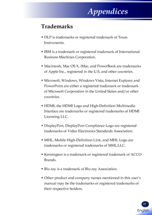 Page 6967
Trademarks
•  DLP is trademarks or registered trademark of Texas 
Instruments.
•  IBM is a trademark or registered trademark of International 
Business Machines Corporation.
•  Macintosh, Mac OS X, iMac, and PowerBook are trademarks 
of Apple Inc., registered in the U.S. and other countries.
•  Microsoft, Windows, Windows Vista, Internet Explorer and 
PowerPoint are either a registered trademark or trademark 
of Microsoft Corporation in the United States and/or other 
countries.
•  HDMI, the HDMI Logo...