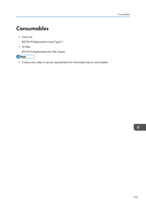 Page 175Consumables
• Lamp unit
RICOH PJ Replacement Lamp Type11
•
Air filter
RICOH PJ Replacement Air Filter Type4 • Contact your sales or service representative for information about consumables.
Consumables
173   
