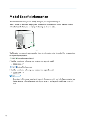 Page 12Model-Specific Information
This section explains how you can identify the region your projector belongs to.
There is a label on the rear of the projector, located in the position shown below. The label contains
details that identify the region your projector belongs to. Read the label.
The following information is region-specific. Read the information under the symbol that corresponds to
the region of your projector.
(mainly Europe and Asia)
If the label contains the following, your projector is a region...