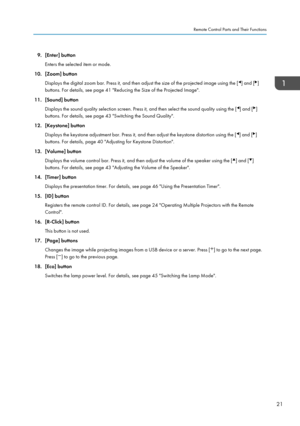 Page 239. [Enter] button
Enters the selected item or mode.
10. [Zoom] button
Displays the digital zoom bar. Press it, and then adjust the size of the projected image using the [ ] and [ ]
buttons. For details, see page 41 "Reducing the Size of the Projected Image".
11. [Sound] button
Displays the sound quality selection screen. Press it, and then select the sound quality using the [ ] and [ ]
buttons. For details, see page 43 "Switching the Sound Quality".
12. [Keystone] button
Displays the...