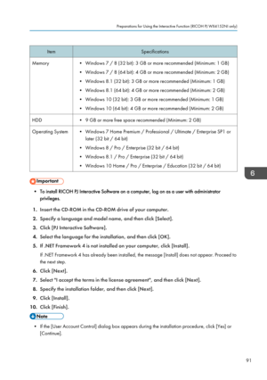 Page 93Item
Specifications
Memory • Windows 7 / 8 (32 bit): 3 GB or more recommended (Minimum: 1 GB)
•Windows 7 / 8 (64 bit): 4 GB or more recommended (Minimum: 2 GB)
•
Windows 8.1 (32 bit): 3 GB or more recommended (Minimum: 1 GB)
• Windows 8.1 (64 bit): 4 GB or more recommended (Minimum: 2 GB)
• Windows 10 (32 bit): 3 GB or more recommended (Minimum: 1 GB)
• Windows 10 (64 bit): 4 GB or more recommended (Minimum: 2 GB)
HDD • 9 GB or more free space recommended (Minimum: 2 GB)
Operating System • Windows 7 Home...