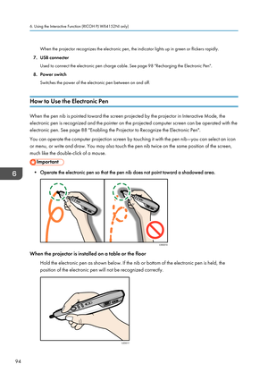 Page 96When the projector recognizes the electronic pen, the indicator lights up in green or flickers rapidly.
7. USB connecter
Used to connect the electronic pen charge cable. See page 98 "Recharging the Electronic Pen".
8.
Power switch
Switches the power of the electronic pen between on and off.
How to Use the Electronic Pen When the pen nib is pointed toward the screen projected by the projector in Interactive Mode, the
electronic pen is recognized and the pointer on the projected computer screen can...