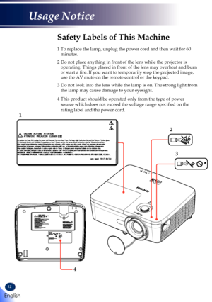 Page 1412
Safety Labels of This Machine
1   To replace the lamp, unplug the power cord and then wait for 60 minutes.
2  Do not place anything in front of the lens while the projector is operating. Things placed in front of the lens may overheat and burn or start a fire. If you want to temporarily stop the projected image, use the AV mute on the remote control or the keypad.
3  Do not look into the lens while the lamp is on. The strong light from the lamp may cause damage to your eyesight.
4  This product should...