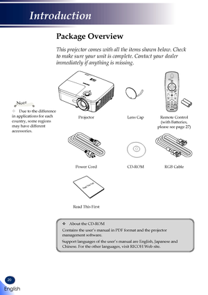 Page 2220
Package Overview
This projector comes with all the items shown below. Check 
to make sure your unit is complete. Contact your dealer 
immediately if anything is missing.
FreezeEnter
Computer
DisplayPort Video
Menu
AV Mute
MHL
Control
Power
Keystone
Picture0
2
1 3
5
4 6
8
7 9
Aspect
Eco
Volume
S-Video HDMI
Input
Auto Set
Magnify
ProjectorLens CapRemote Control (with Batteries, please see page 27)
Power CordCD-ROMRGB Cable
Read  This First
Read This First
	About the CD-ROM
Contains the user’s manual in...