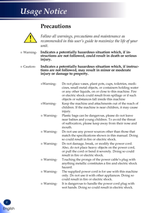 Page 42
Precautions
 
Follow all warnings, precautions and maintenance as 
recommended in this user’s guide to maximize the life of your 
unit.
Indicates a potentially hazardous situation which, if in-structions are not followed, could result in death or serious injury.
Indicates a potentially hazardous situation which, if instruc-tions are not followed, may result in minor or moderate injury or damage to property.
■ Warning-
■ Caution-
■Warning- Do not place vases, plant pots, cups, toiletries, medi-
cines,...