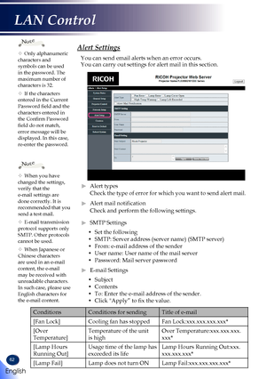 Page 6462
Alert Settings
You can send email alerts when an error occurs.You can carry out settings for alert mail in this section.
 ►Alert types 
Check the type of error for which you want to send alert mail.
 ►Alert mail notification 
Check and perform the following settings.
 ►SMTP Settings
• Set the following
• SMTP: Server address (server name) (SMTP server)
• From: e-mail address of the sender
• User name: User name of the mail server
• Password: Mail server password
 ►E-mail Settings
• Subject
• Contents...